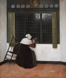 Mujer en la ventana haciendo señas a una niña